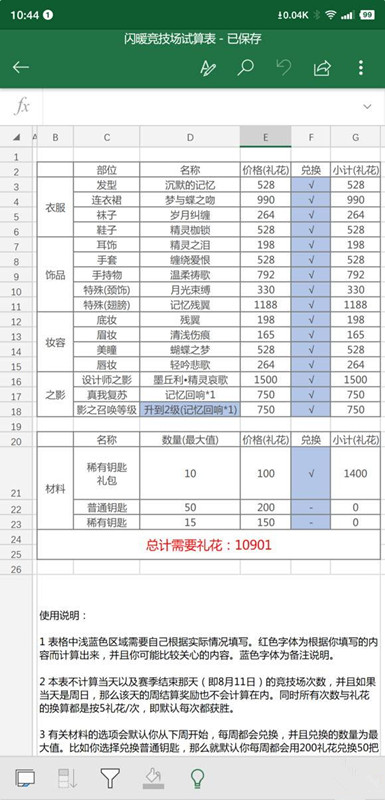 《闪耀暖暖》竞技场分数计算表